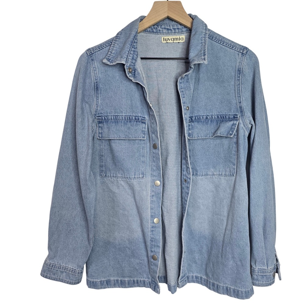 luvamia Denim Shacket Jacket Women Small Light Blue Cotton Casual Utility‎ Shirt